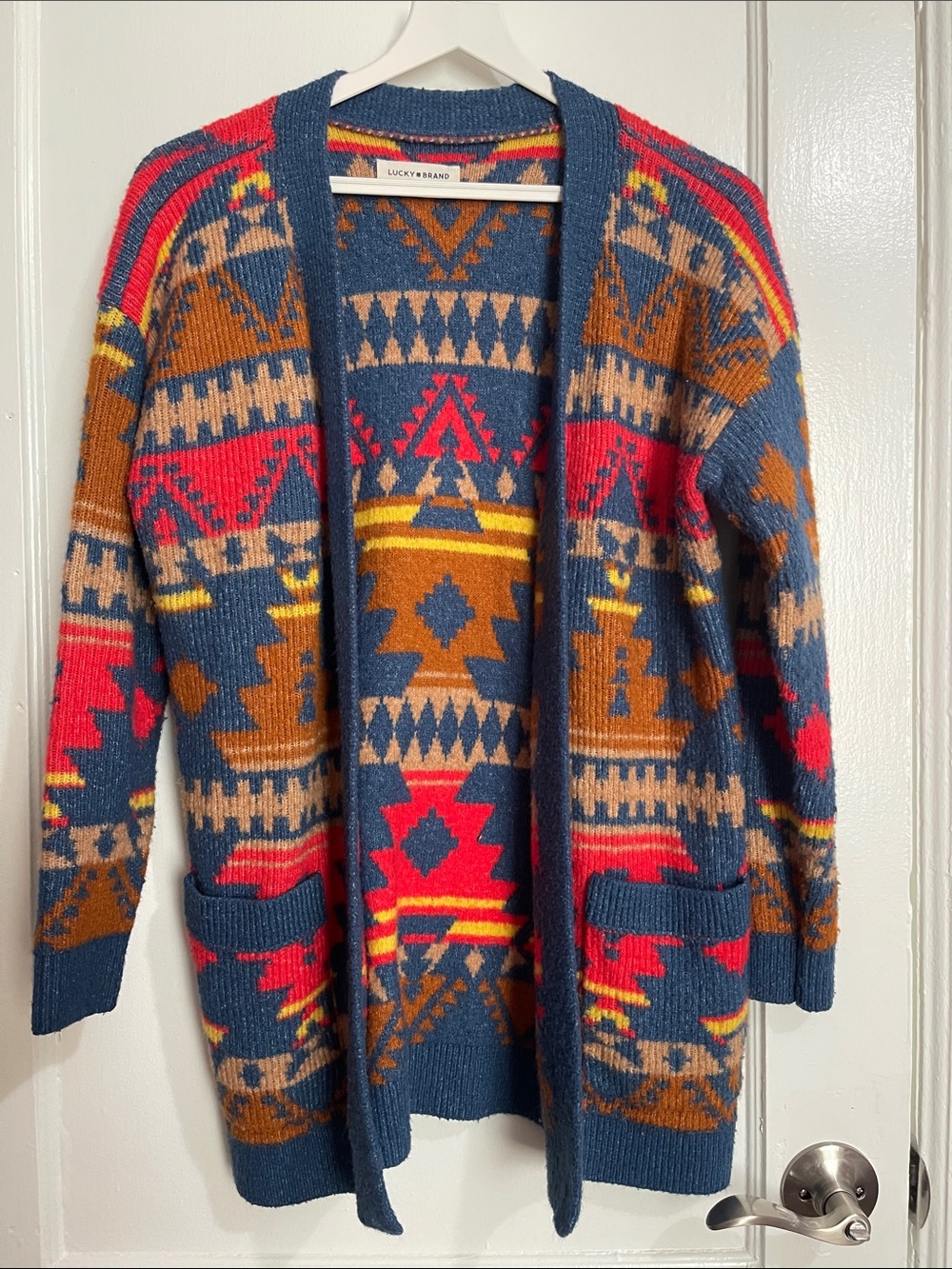Lucky Brand Navy Aztec Open Cardigan with Red, Gold & Tan Accents